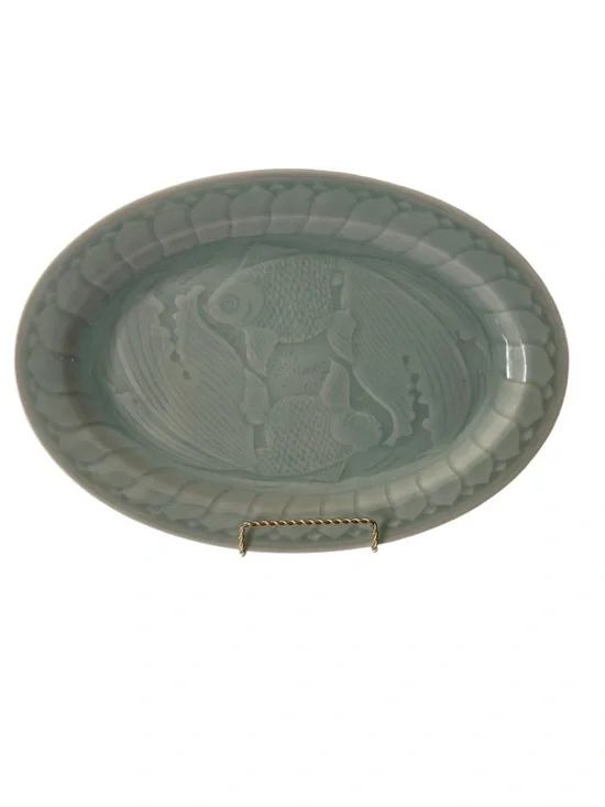 Longquan Celadon Koi Fish Platter 14 inch Green Glaze Mid-Century Abundance - Picture 1 of 7